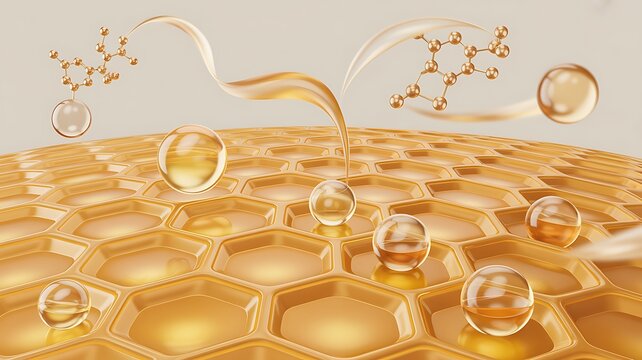 3d epidermis skin layer with hexagon cell pattern and molecule. Gold liquid honeycomb texture with cosmetic oil drop, collagen serum, retinol vitamin, hyaluron essence for moisture. 3D illustration
