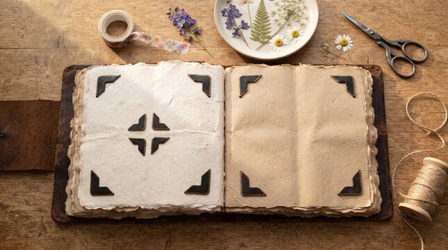 Scrapbook album pages with decorative photo corners and flowers  