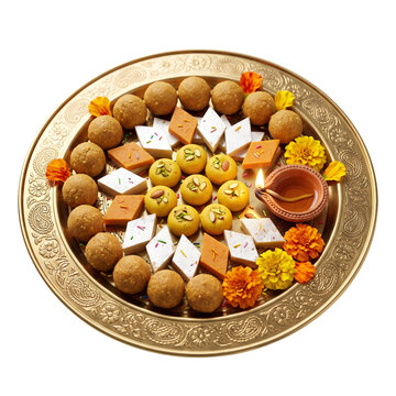 Photorealistic 3D Render of Elegant Brass Thali with Sweets and Flowers on Transparent Background