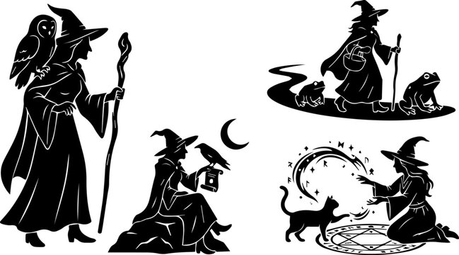Witch and Clock Vintage Silhouette Set &ndash; Raven, Moon, Spooky Night, Gothic Icons