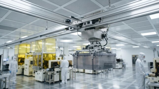 Semiconductor overhead hoist transport system with rail beams, FOUP carriers, vacuum grippers, and anti-static flooring in a clean fabrication hall.