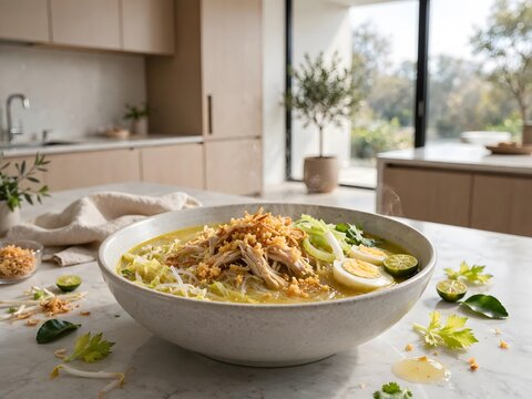 Traditional Indonesian chicken noodle soup soto ayam served with boiled egg and fried shallots in a modern kitchen