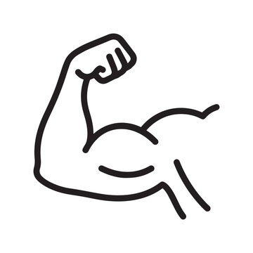 Simple black and white line art icon of a flexing bicep representing strength and physical fitness