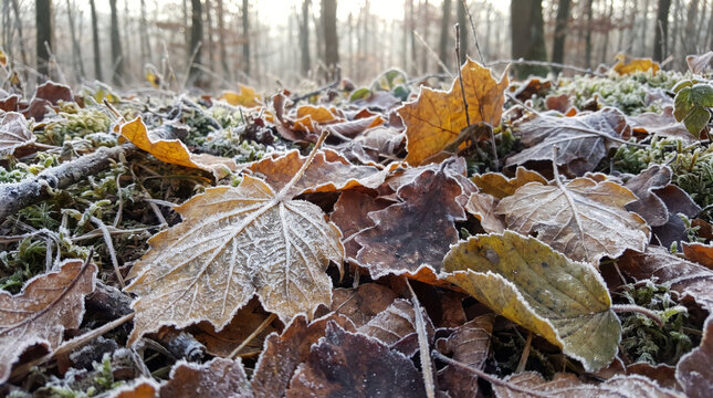 Frost covered fallen maple leaf on forest floor among autumn foliage. Cold winter morning with frozen ground and icy rime. Seasonal change from fall to winter nature concept.