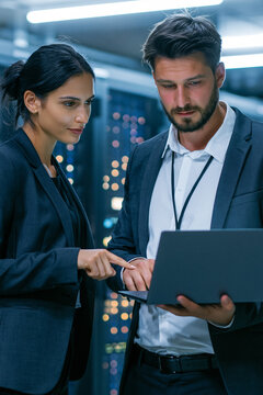An it specialist couple works together in a modern server room. He holds a laptop while she points at the screen.