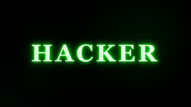 A vibrant green glowing text displaying the word hacker on a dark, almost black background, evoking a sense of digital mystery and cyber activity