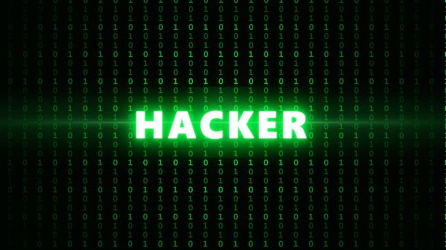 A vibrant digital display showcasing the word hacker illuminated in bright green letters against a cascading waterfall of glowing binary code digits on a dark background