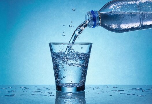 Clear plastic bottle pouring fresh mineral water into a transparent glass, creating dynamic splashes, droplets, bubbles, and reflections against a vibrant blue background.
