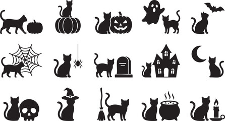 Obraz premium Black Halloween cat silhouette vector icon set for spooky seasonal designs and decorations