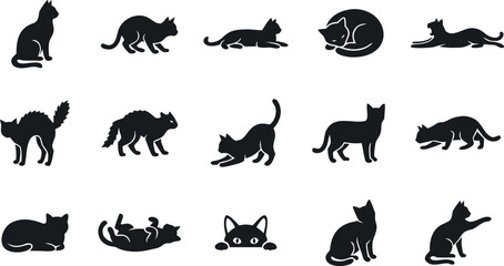 Obraz premium Black Cat Silhouette Icon Set with Various Poses and Actions for Halloween Designs, Logos, Stencils, Patterns, and Decorative Vector Graphics
