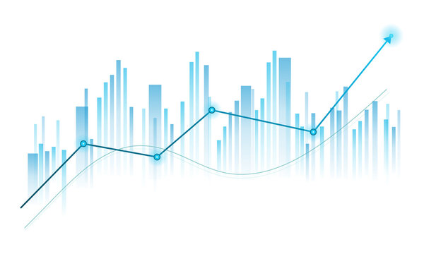 Blue Business Analytics Bar Chart with Rising Trend Line and Financial Growth Indicators for Investment and Market Analysis isolated transparent background