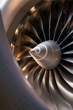 Close up shot of a jet engine turbine in a beautiful sunset light.