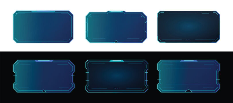 PNG image collection of six futuristic holographic user interface frames, featuring sleek geometric tech hud designs and glowing blue accents, on transparent background. 