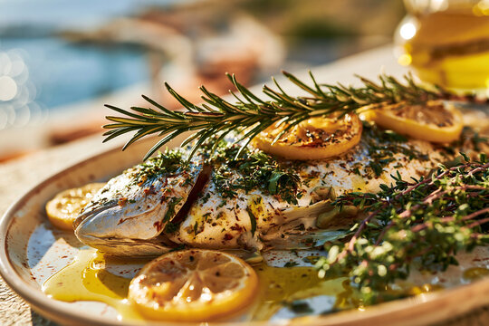 A grilled fish seasoned with fresh herbs (rosemary and thyme), lemon slices, and a drizzle of golden extra virgin olive oil on a ceramic plate.