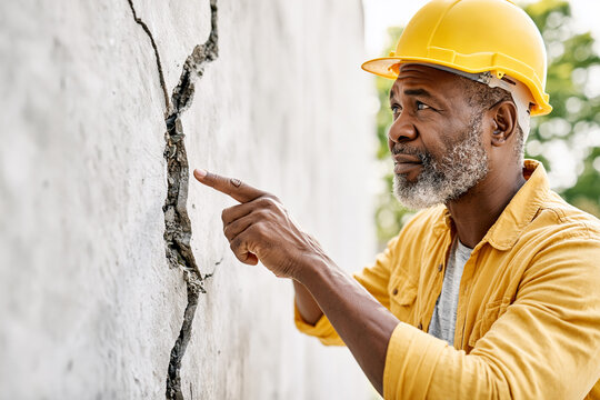 A person wearing a safety helmet and shirt examining a structural failure in a concrete wall.