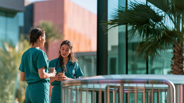 Two medical nurses chat outside a hospital during a coffee break.