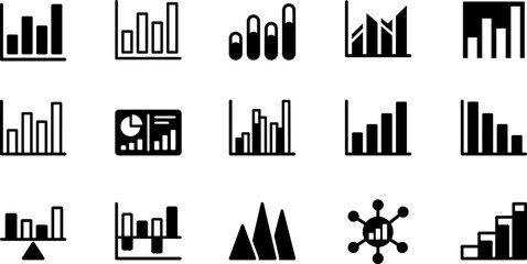 Obraz premium Set of black and white business bar chart and data analysis icons for professional reports