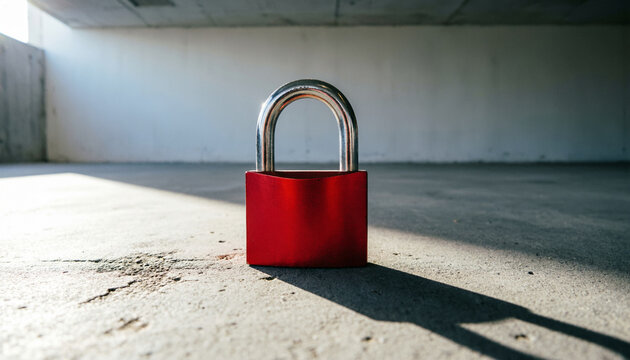 Red industrial safety padlock lying open on a concrete floor