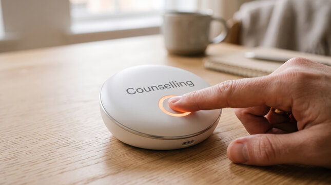 Counselling button on smart speaker, customer support gesture, help request interface, finger pressing call button, teletherapy concept, tech service icon