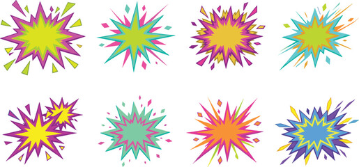 Colorful Comic Explosion Burst Icon Set Featuring Dynamic Neon Splash Shapes and Starburst Pop Art Design Elements for Gaming Vector Graphic © Md Shujan islam