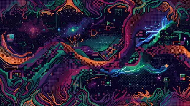 Vintage Inspired Eight Bit Computer Graphics Textured Grid Fluid Border Panoramic Format Abstract Creative Design Elements Pixelated Desktop Wallpaper Aesthetic Backdrop Retro styled 8 bit pixel art