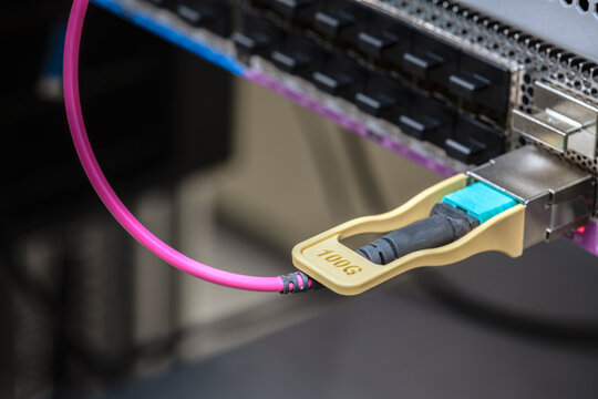 Close up of a 100Gbit network transceiver with a patch cable inserted into a switch, high speed broadband networking, data transmission, telecommunications infrastructure, and modern internet connecti