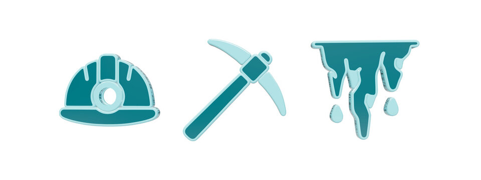 Set of 3D icons featuring a teal miner helmet, a pickaxe tool, and hanging icicles for mining and winter themes isolated on a transparent background