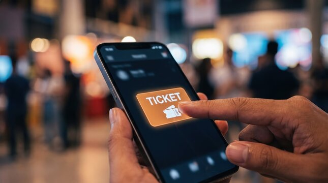 Modern mobile app booking interface close-up. User tapping orange ticket button on smartphone screen. Digital event entrance pass, e-ticket purchase concept. Blurred busy indoor space background.