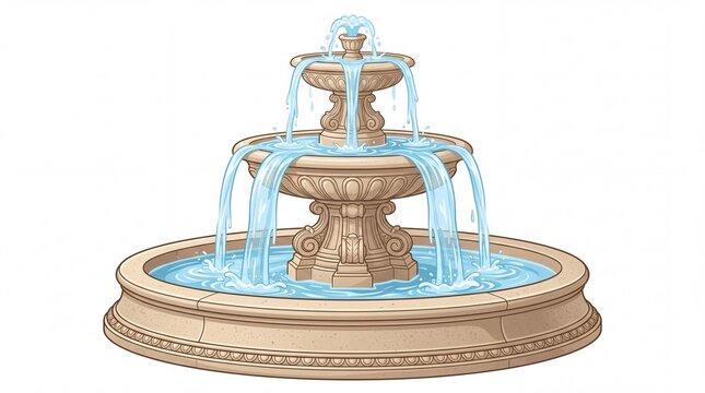 Elegant stone garden fountain featuring cascading clear blue water tiers isolated on white background
