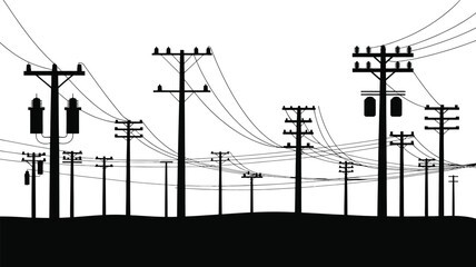A dense network of black silhouettes depicting multiple utility poles and power lines stretching across a landscape, isolated on a clean white background for