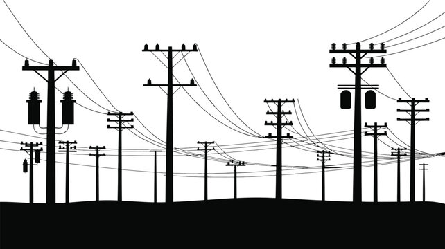 A dense network of black silhouettes depicting multiple utility poles and power lines stretching across a landscape, isolated on a clean white background for