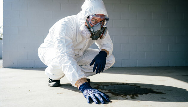 Hazmat responder in protective coverall beside a chemical spill