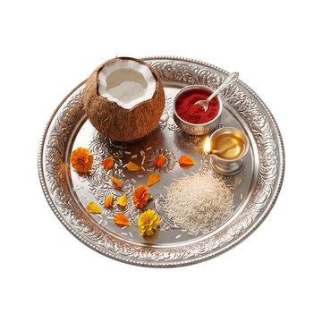 Photorealistic 3D Render of Decorative Puja Thali with Coconut and Kumkum on Transparent Background