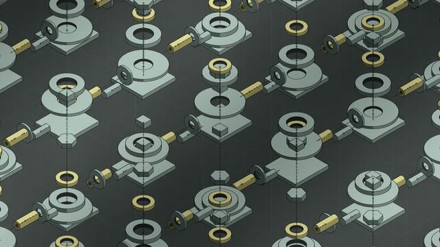 Isometric Exploded View of Machine Parts Separating and Reassembling, Flat Three Tone Seamless Loop in soft slate tones
