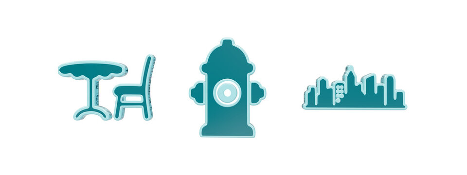 Teal 3D icons featuring a table and chair, a fire hydrant, and a city skyline silhouette isolated on a transparent background