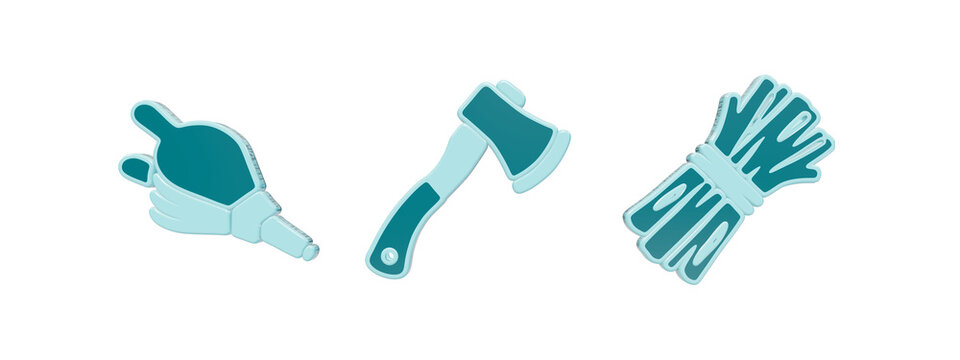 Three dimensional icons of a rubber bellows, a hand axe, and a bundle of sticks in teal and light blue tones isolated on a transparent background