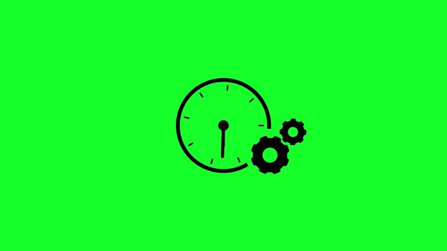 Minimalist gear cogwheel and clock time icon animation on green background. Clock symbol animation with rotating tow gear wheels for settings, time management and efficiency concept