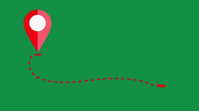 Two red location pin icon animations connected by dotted path on white background and green screen. 4K animated for business video, motion graphics, map visuals, navigation, and presentations.