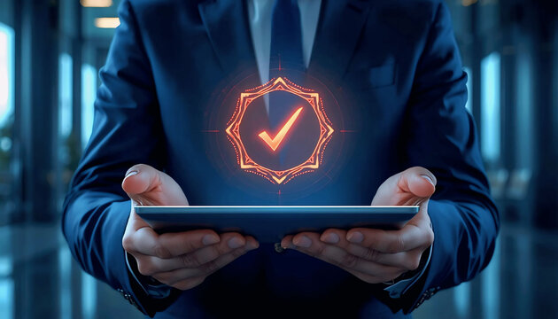 Businessman presenting glowing red stamp check mark icon above digital tablet