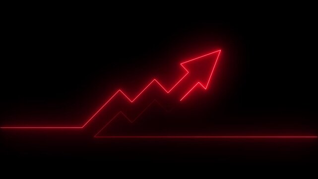 Abstract neon arrow business graph chart icon animation background. Market Recovery Concept. Successful growth trend Green line graph going Upon the black, background Financial data and diagrams 