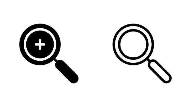 Magnifying glass icon set with zoom in symbol in solid and outline style