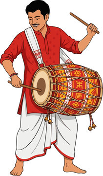 Man playing a dhol drum with sticks during a celebration in traditional attire vector illustration