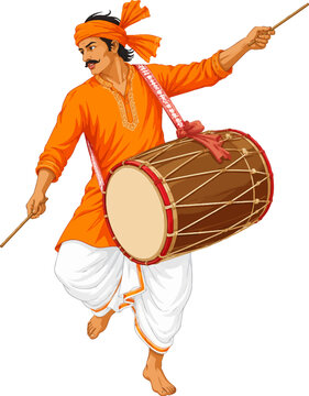 Man playing dhol drum with sticks during festival celebration with energetic dance pose