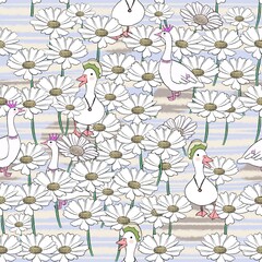 Cute white goose in daisy flower meadow seamless pattern on soft lilac blue background © oanh