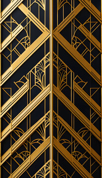 Art deco skyscraper silhouette with geometric patterns and golden ornamental details