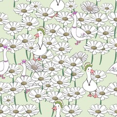Cute white goose with daisy flowers seamless pattern on light green background for nursery textile © oanh