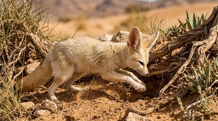 Naklejka premium Desert Fennec Fox in Motion: A small fennec fox with enormous ears navigates the arid desert terrain, its sandy fur blending with the environment as it moves swiftly through the dry brush and sand.