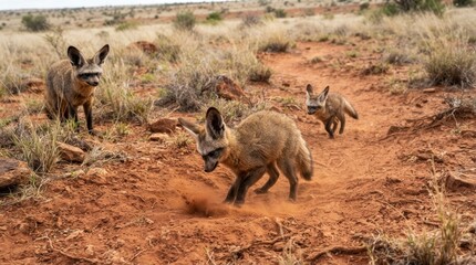 Naklejka premium Bat-eared Fox Family in Arid Landscape: A family of bat-eared foxes with their distinctive large ears navigate the dry, dusty terrain of the African savanna.