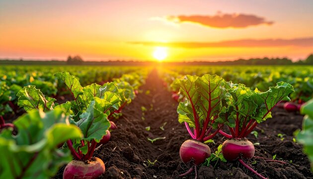 Sunset over vibrant beetroot field at golden hour.