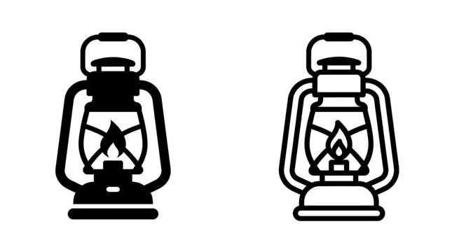 Vintage oil lamp lantern flame glyph line icon vector illustration